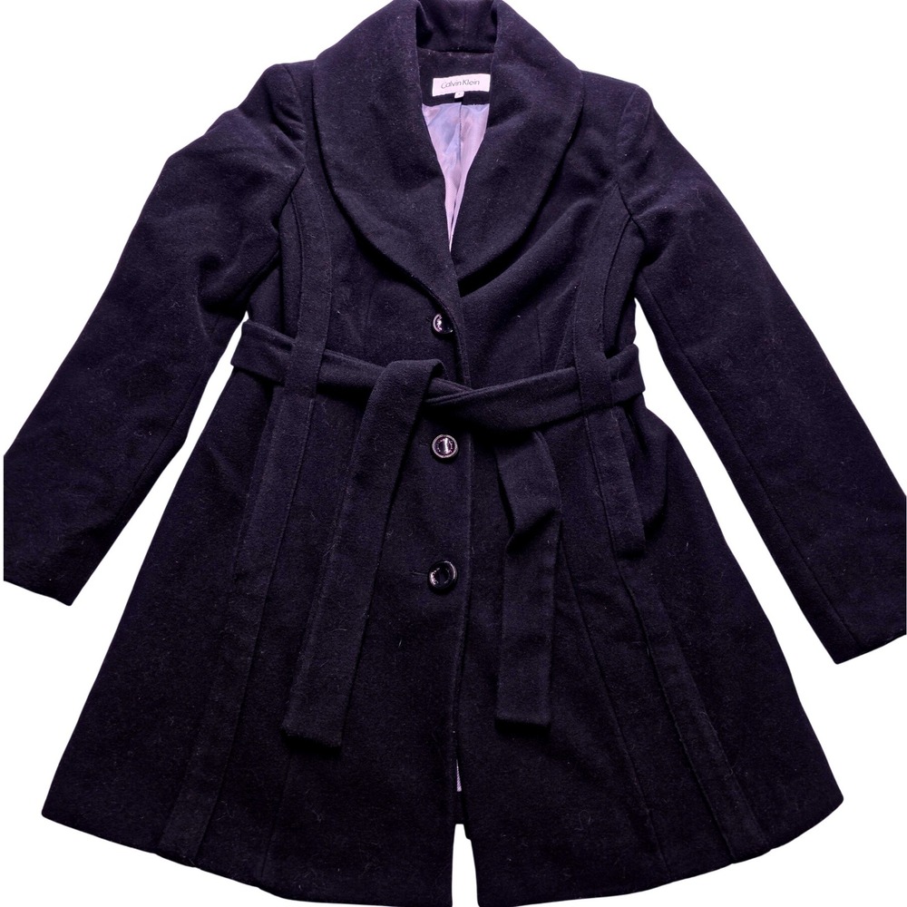 Calvin‎ Klein Women's Black Wool Blend Belted Dress Coat Size 8